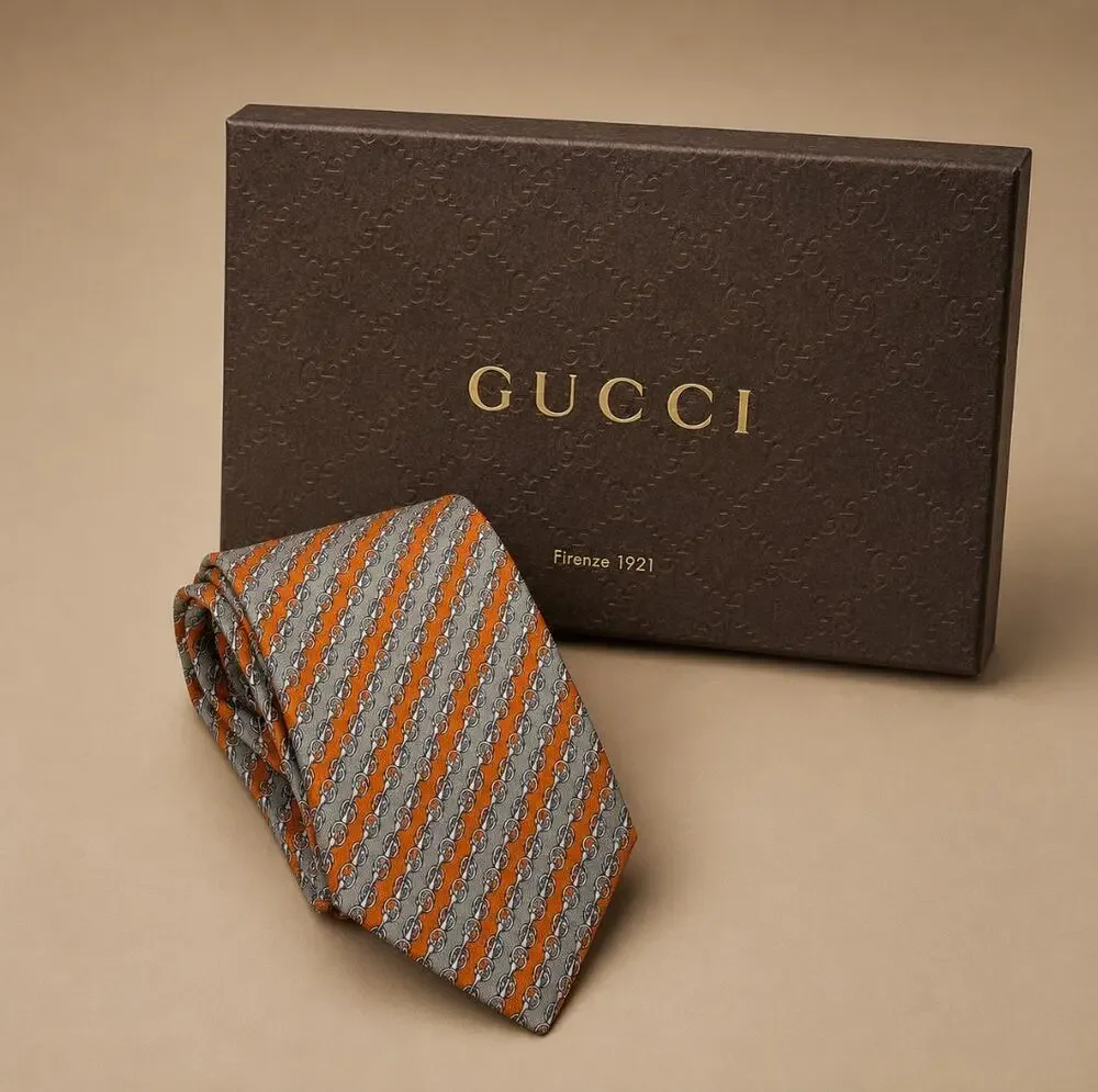 GUCCI GG Horsebit Silk Tie Orange Taupe Stripe Italy Luxury Necktie $250